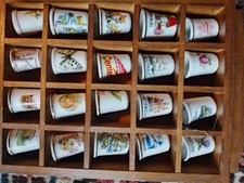20 Vintage Porcelain Thimbles Various Designs  And Ages. Job Lot In Wood Frame.