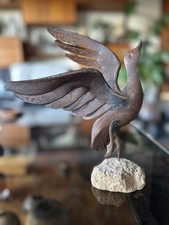 Vintage Rusted Sheet Steel Sculpture Of Bird On Rock Base