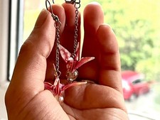 Pink Floral Pattern Origami Crane Earrings With Gold Glitter Beads Handmade