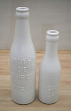 Pair OLD Vintage WIGAN Milk BOTTLES - Sprayed WHITE - SMITH'S Hygienic DAIRIES