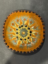 JEAN HAMPTON POTTERY 1976 DISH BOWL SIGNED INSCRIBED BROWN CREAM BLACK BLUE SLIP