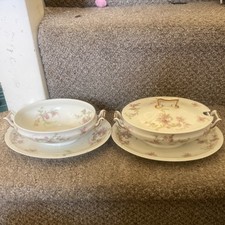 Theodore Haviland Limoges France Oval Covered Vegetable Dish Pink, Green, Cream