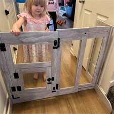 Indoor Large Dog Gate Wooden Retractable Walk Through Pet Barrier with Cat Door