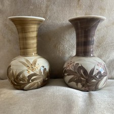 2 Shades Jersey Pottery Hand Painted Floral Bud Vases 6” Tall  X 2 