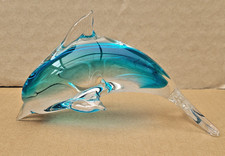 Hand blown studio glass turquoise blue glass leaping dolphin ornament