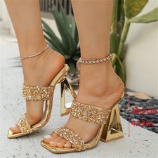 Women's Shiny Gold Geometric Block Heel Slide Sandals Square Toe Dress Pumps