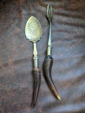 O'Neil & Co - Antique Pickle Fork & Preserve Spoon with Horn Handle Silver Plate