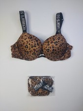Victoria Secret 38C Bra Set Very Sexy Push Up Diamante Shine Strap Leopard Print