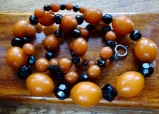 antique art deco clear amber galality french jet black glass bead necklace -184