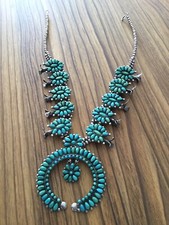 American Navajo Squash  Blossom Silver Turquoise Statement Necklace REDUCED