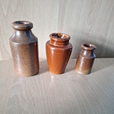 3 Small Stoneware  Vase/ Jars Brown  Decorative