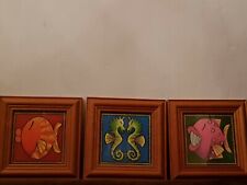Set Of 3 Cartoon Themed Aquarium Framed Prints Fish & Seahorse Thick Wood Frames