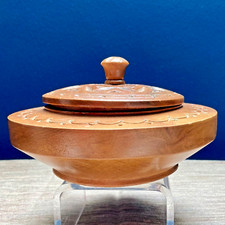 Vintage French Hand-Carved Wooden Walnut Round Trinket Box with Lid Floral Motif