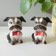 2 x Vintage Dog Figurines Ceramic Ornament 60s 70s Italy Kitsch Red Bow Tie Cute