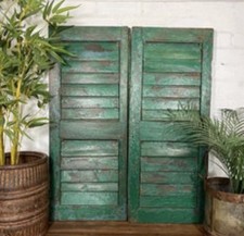 Vintage Green Reclaimed Architectural Salvage Hardwood Louvered Window Shutters