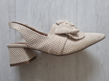 Bow Slingback Block Heels UK 7 Cream Beige (Cotton Tweed Style) Beautiful Shoes