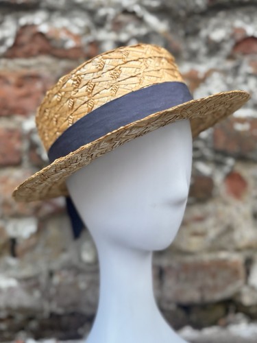 Vintage straw boater hat - , blue