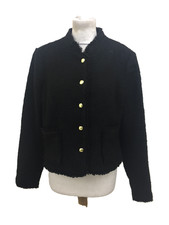 M&S Women's Jacket Black Boucle Gold Buttons Fringe Stand Collar Pockets New F1