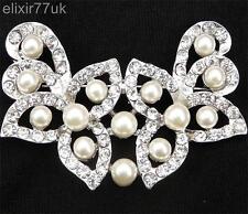 SILVER FLOWER PEARL BROOCH DIAMANTE CRYSTAL WEDDING BRIDAL PROM PARTY BROACH UK
