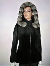 Real Farmed Chinchilla Sheared Black Mink Fur Silk Gilet Vest Hood Vison 6 - 8/S
