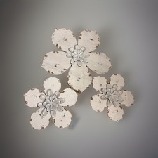 NEXT flower x 3  Wall Plaque Hanging Art 3D Distressed White wood metal 