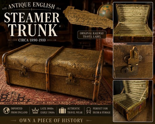 Antique english steamer trunk - antique,