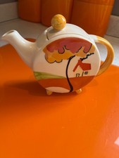 PAST TIMES POTTERY TEAPOT INSPIRED BY CLARICE CLIFF DECO DESIGNS COTTAGE & TREES