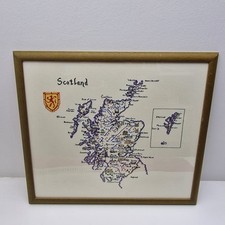 Vintage Framed Cross Stitch Scotland Map Needlepoint Wall Art 80s 90s - 52x46cm