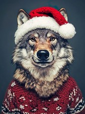 Wolf in Santa Hat and Sweater