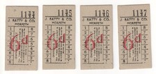 J Batty & Co., Morpeth - 4 old 6d bus tickets, consecutive serial numbers