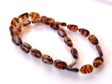 Retro Vintage Brown Amber Tones Glass Bead Beaded Necklace Czech Tigers Eye 