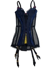 Agent Provocateur Black Blue Lace Corset Polka Dot Floral Accents -  Size 32C