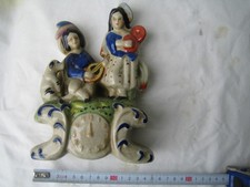 Antique Staffordshire Flatback Pottery Figurine dog/clock/lute - PRISTINE