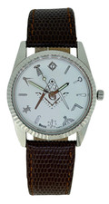 Masonic Freemason Square & Compass Silver Case Brown Lizard Leather Wrist Watch