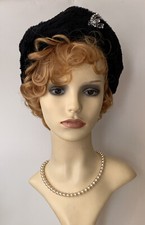 Vintage 1950s Faux Fur Black Beret Style Hat With Black Satin Lining