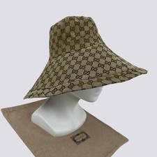 Ladies Gucci GG Monogram Canvas Jacquard Big Bucket Hat Wide Brim Cap Beige Sz S