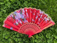 Red Floral Satin Effect Summer Handbag Cooling Hand Fan Foldable UK Seller