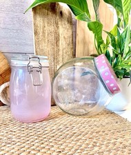 2 glass storage jars pink 17.5