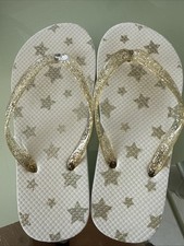 Girls White And Gold And Glitter Flip Flops Size 13