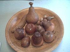 Hand Turned Treen Wooden Fruit Bowl with Apples Pears & Banana Grapes