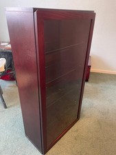 Beaver and Tapley 33 dark burgundy oak  display cabinets and floating shelves 
