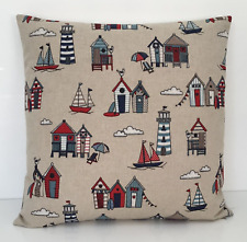 Beach Hut Cushion Cover DOUBLE SIDED Nautical Seaside Blue Red Linen Look Fabric