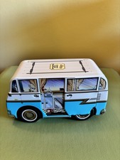 Blue Retro Camper Van Tin, Bramble Food, Embossed Features. Empty.