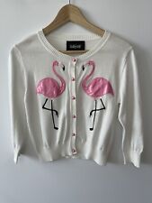 Collectif White Flamingo Appliqué Cardigan Size Small Pink Pearl Buttons Retro