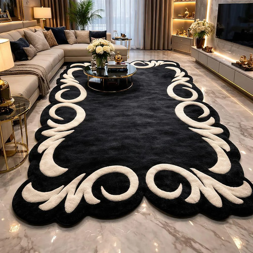 Black scalloped area rug hand - scalloped,