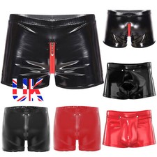 UK Men Sexy Wet Look Latex PVC Leather Shorts Zipper Crotch Boxer Brief Clubwear