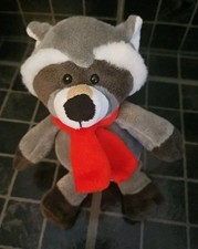 Kinder Raccoon Plush Soft Toy 9" – Grey & White Teddy – Red Scarf – Cuddly Gift