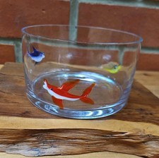 VINTAGE  MURANO ITALIAN GLASS  BOWL  3 MULTICOLOURED FISH DESIGN 5" DIAMETER 