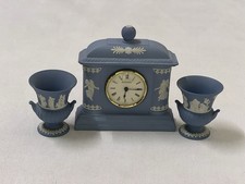 Wedgwood Blue Jasperware Dancing Hours Mantel Clock & Side Spill Vases Set Shown