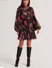 TED BAKER Dress Womens TB 2 UK 10 Endrina Black Floral Print Balloon Sleeve NEW